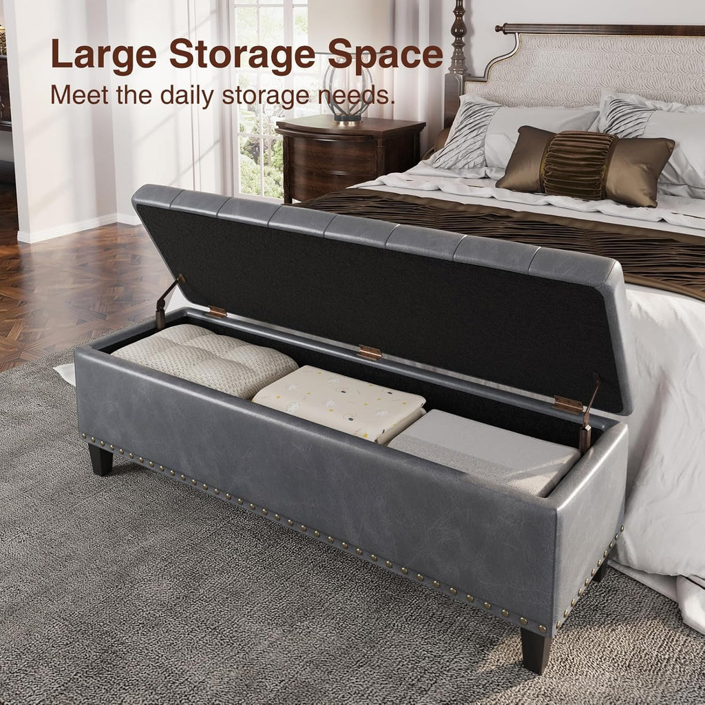 Storage Ottoman Bench, 51-Inch Large Storage Ottoman for Bedroom End of Bed, 30 Gallons Faux Leather Bench for Bedroom, Living Room, Entryway, Hallway, Grey