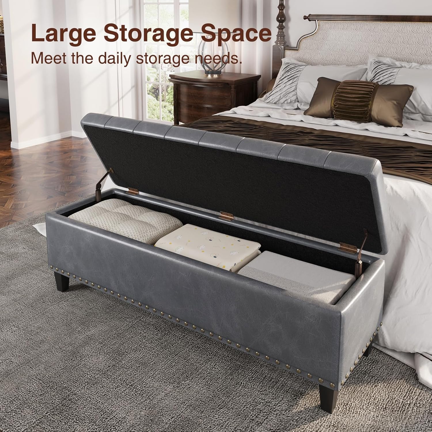 Storage Ottoman Bench, 51-Inch Large Storage Ottoman for Bedroom End of Bed, 30 Gallons Faux Leather Bench for Bedroom, Living Room, Entryway, Hallway, Grey