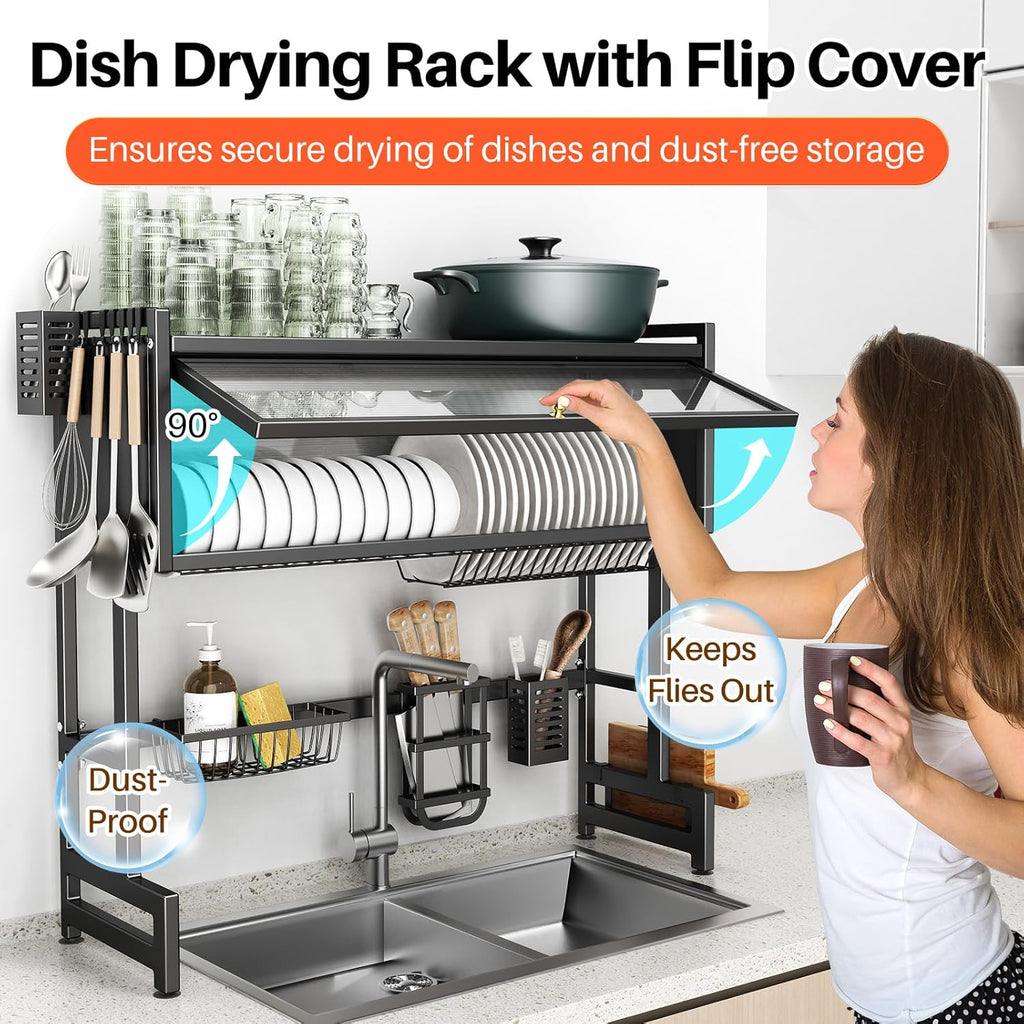 Over The Sink Dish Drainer Drying Rack 3 Tiers with Cover, Keep Kitchen Sink Shlef Organized Space-Saving Dish Drying Rack, Large Stainless Steel Sink Drying Rack for Dishes, Bowls, Cutlery (33.4"W)