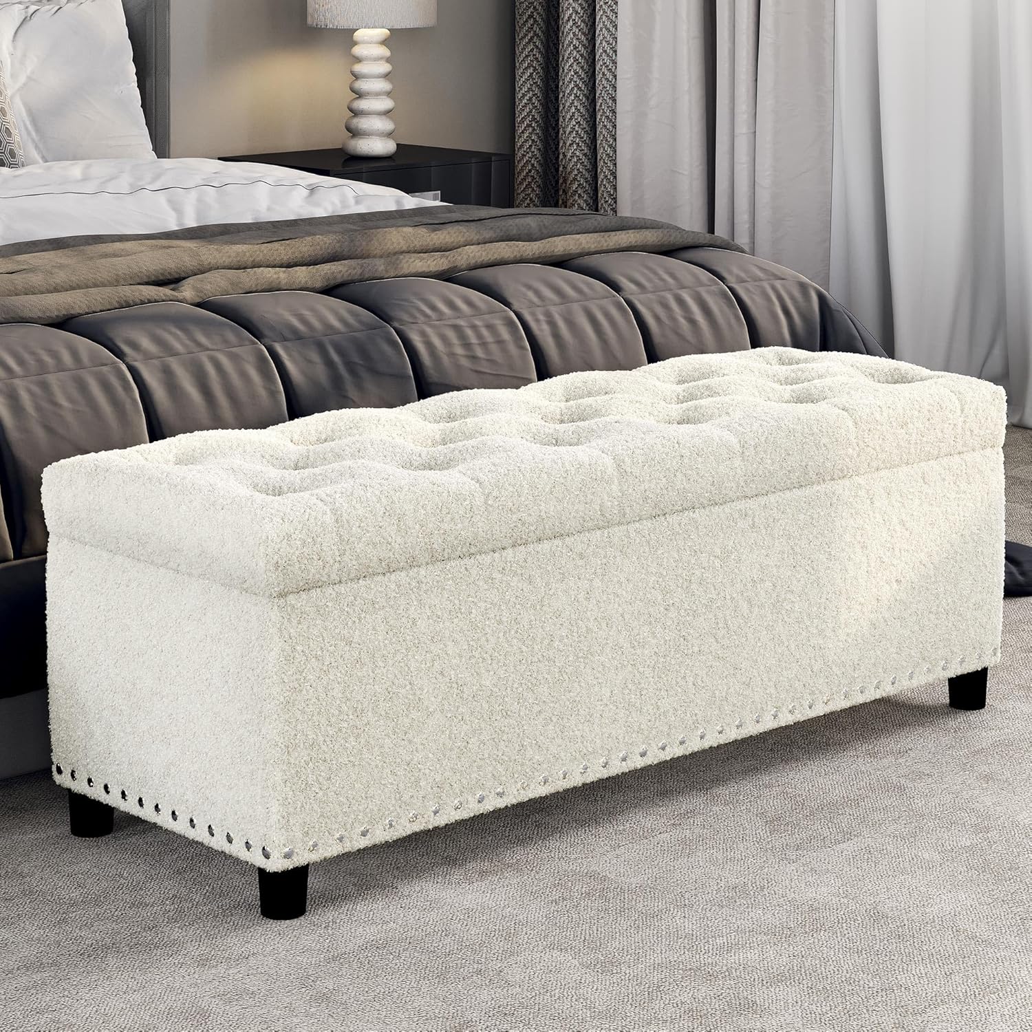 BELLEZE 47" Storage Ottoman, Storage Bench with Safety Close Hinge, Linen Button-Tufted Ottoman for Living Room, Entryway, Hallway, Foot Rest, Support 300lbs - Gray