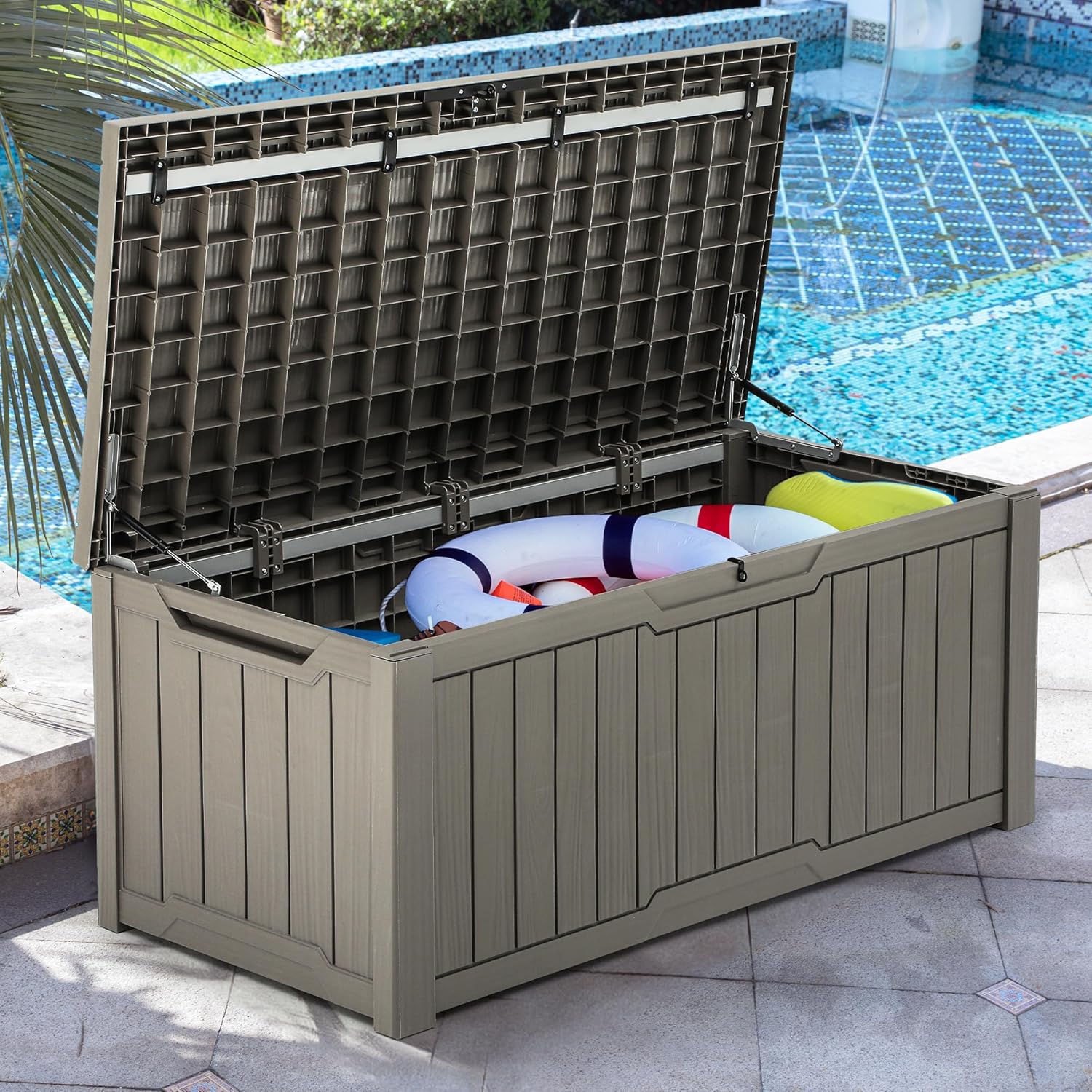 YITAHOME 120 Gallon Large Outdoor Storage Box with X-Shaped Front, Waterproof Resin Deck Box Cushion Storage Bench for Patio, Pool Supplies, Garden Tools - Lockable, Black