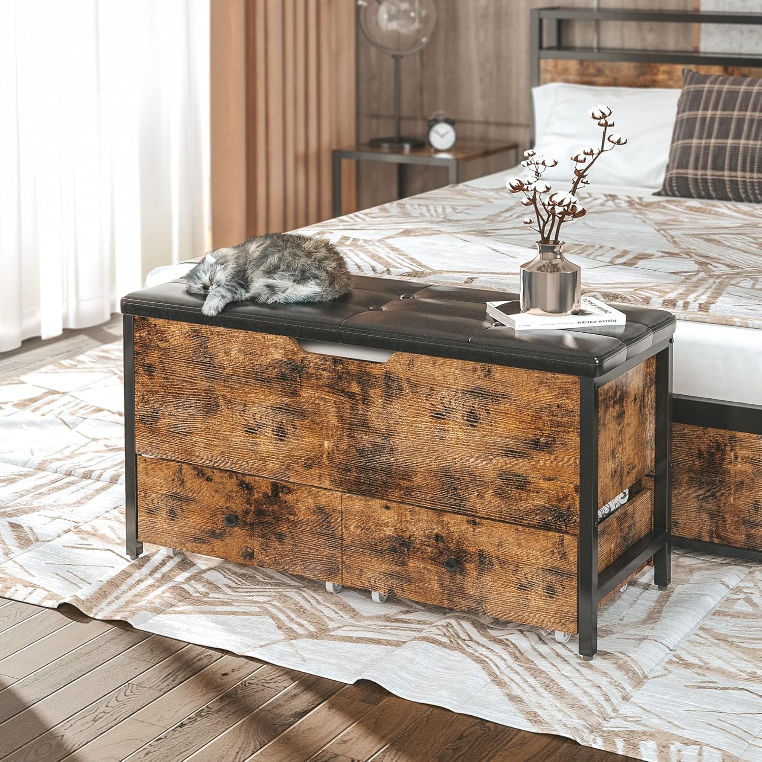 LIKIMIO Storage Bench, Wooden Box with Flip Top Storage Chest and Drawers for Bedroom/Living Room/Entryway, Supports 320 lb, Vintage Brown and Black