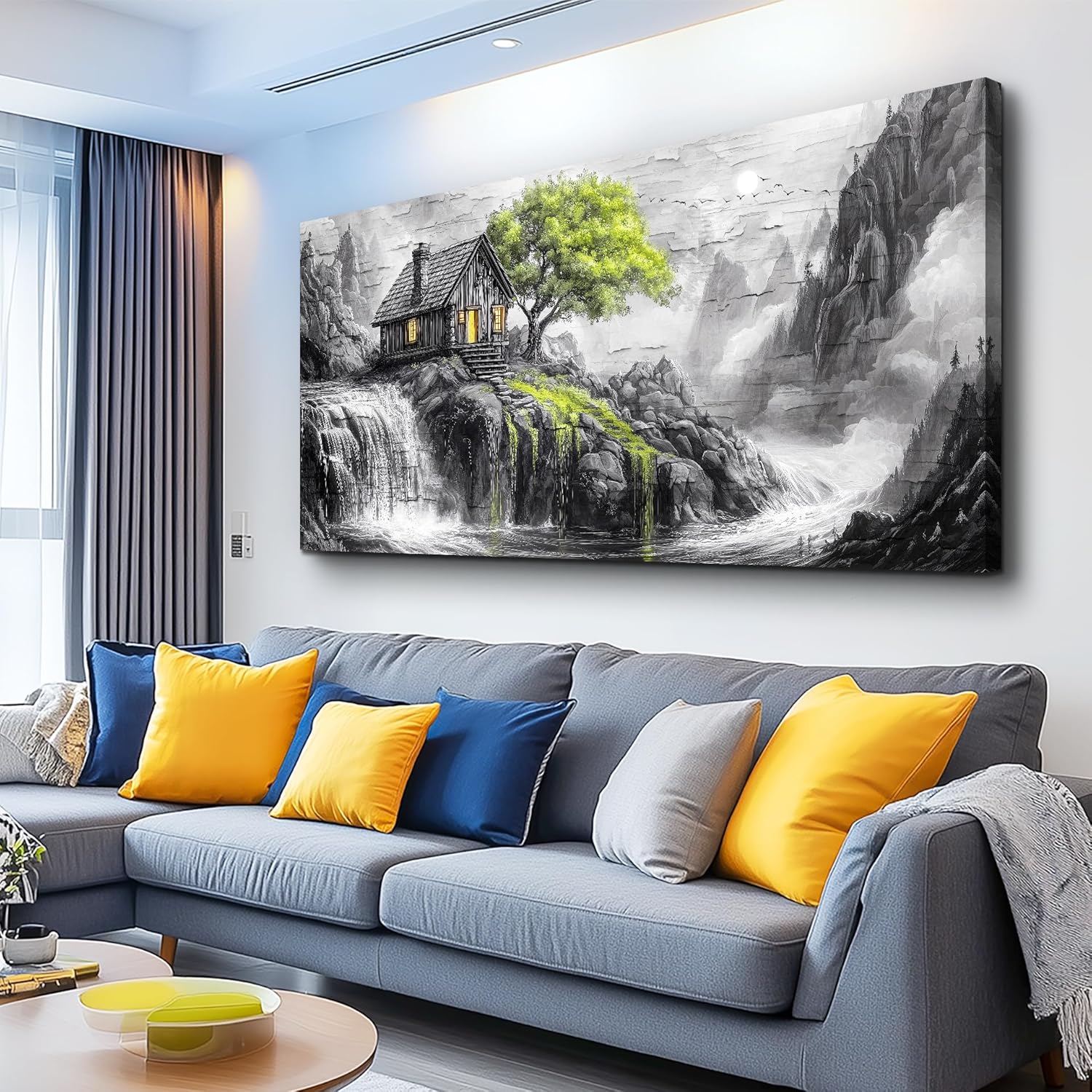 ERQINHUA Large Wall Art For Living Room Canvas Home Wall Decor For Office Bedroom Dining Room Wall Pictures Blue Tree Lakeside Landscape Painting Modern Art Print Beach Posters 24"x48" Black Frame