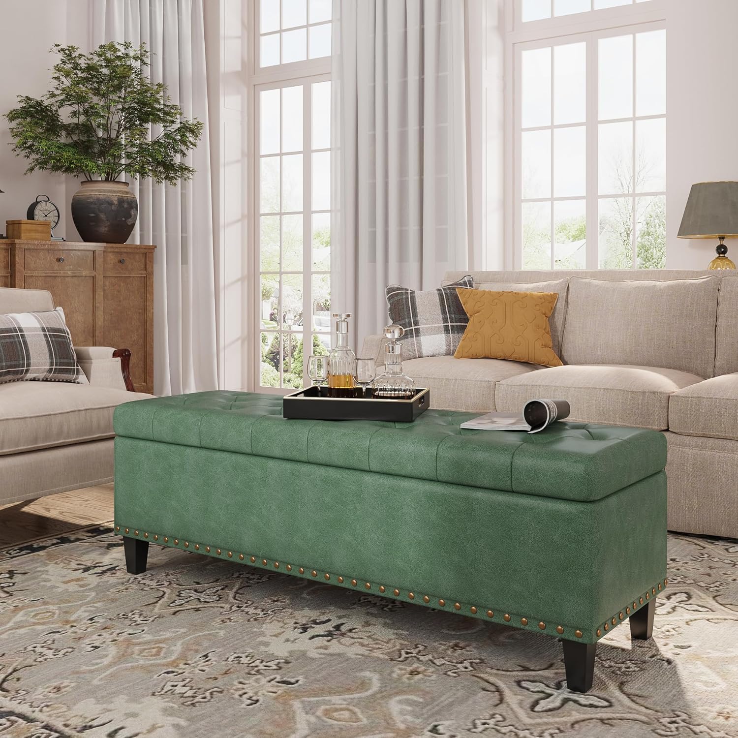 Storage Ottoman Bench, 51-Inch Large Storage Ottoman for Bedroom End of Bed, 30 Gallons Faux Leather Bench for Bedroom, Living Room, Entryway, Hallway, Grey