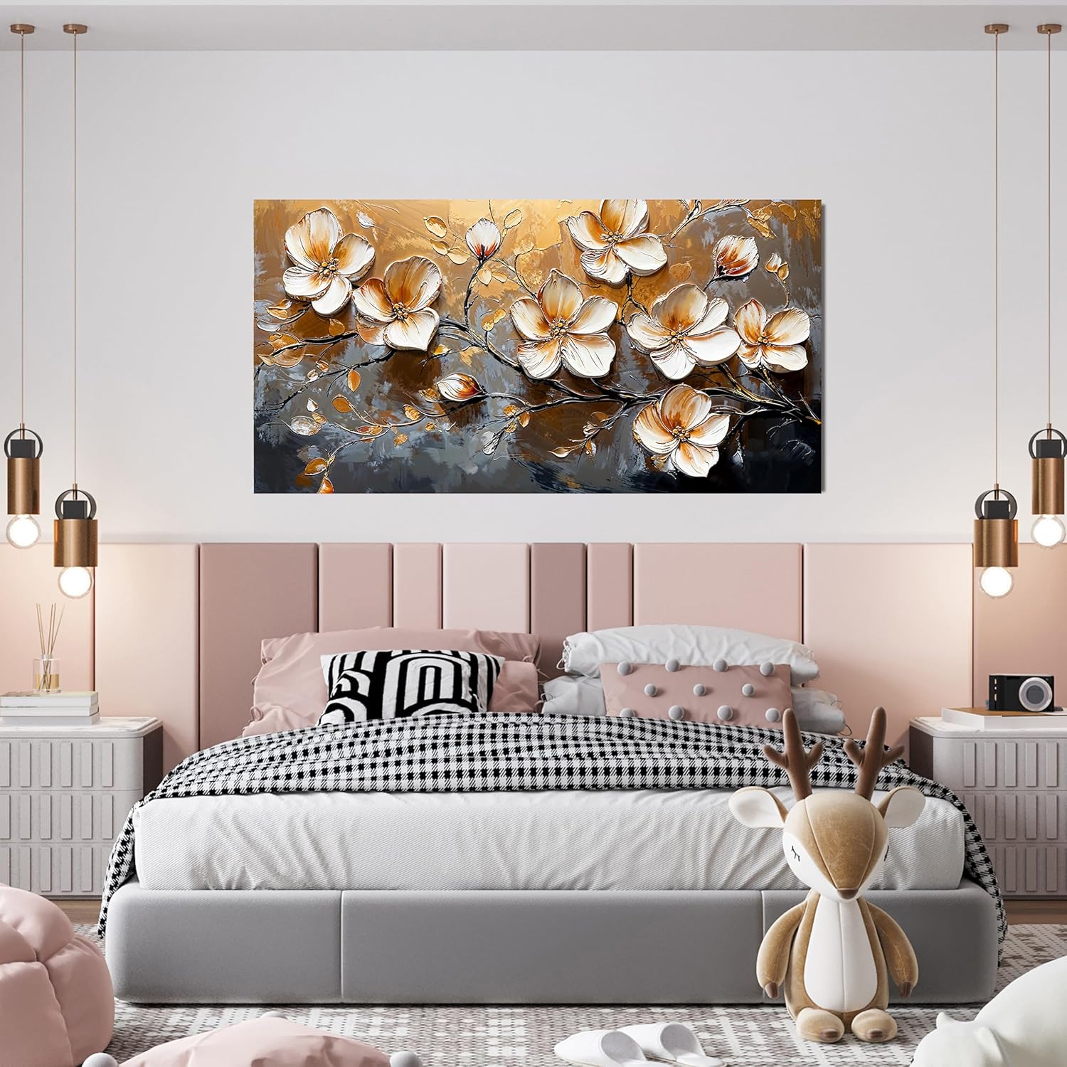 Canvas Wall Art Decor Wall Art Pictures for Living Room Vintage Floral Wall Art Decor White Gold Wall Art Prints Large Artwork for Walls Canvas Art Wall Decor for Bedroom Office Wall Decor 20" X 40"