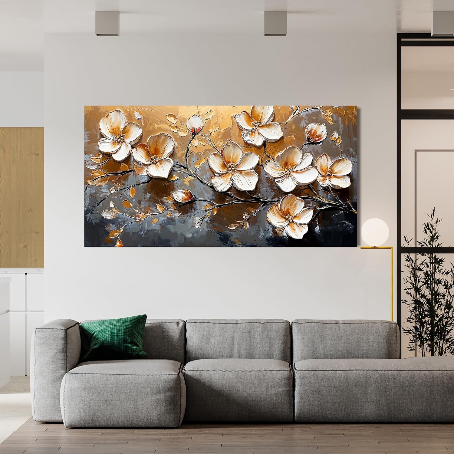 Canvas Wall Art Decor Wall Art Pictures for Living Room Vintage Floral Wall Art Decor White Gold Wall Art Prints Large Artwork for Walls Canvas Art Wall Decor for Bedroom Office Wall Decor 20" X 40"