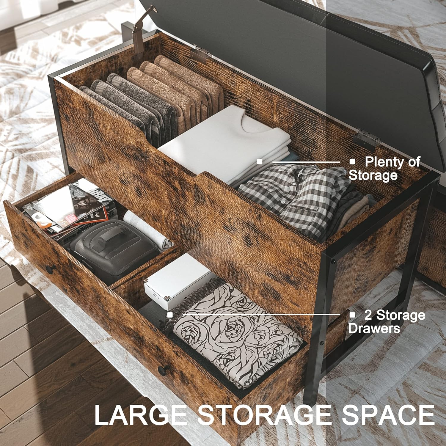 LIKIMIO Storage Bench, Wooden Box with Flip Top Storage Chest and Drawers for Bedroom/Living Room/Entryway, Supports 320 lb, Vintage Brown and Black