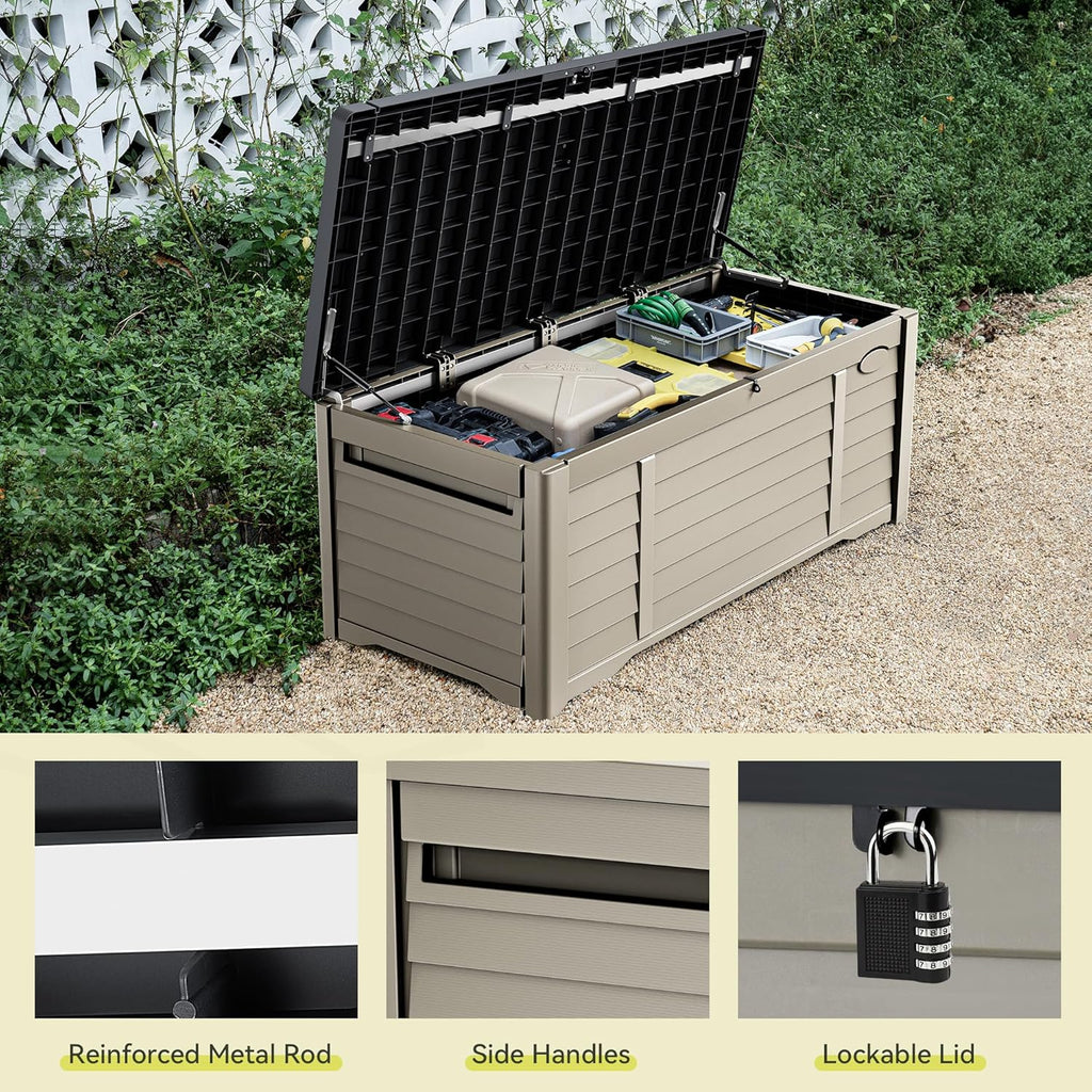YITAHOME 120 Gallon Large Outdoor Storage Deck Box, Waterproof Cushion Storage Bench with Lockable Lid for Patio, Pool Supplies, Garden Tools, Resin, Black & Brown