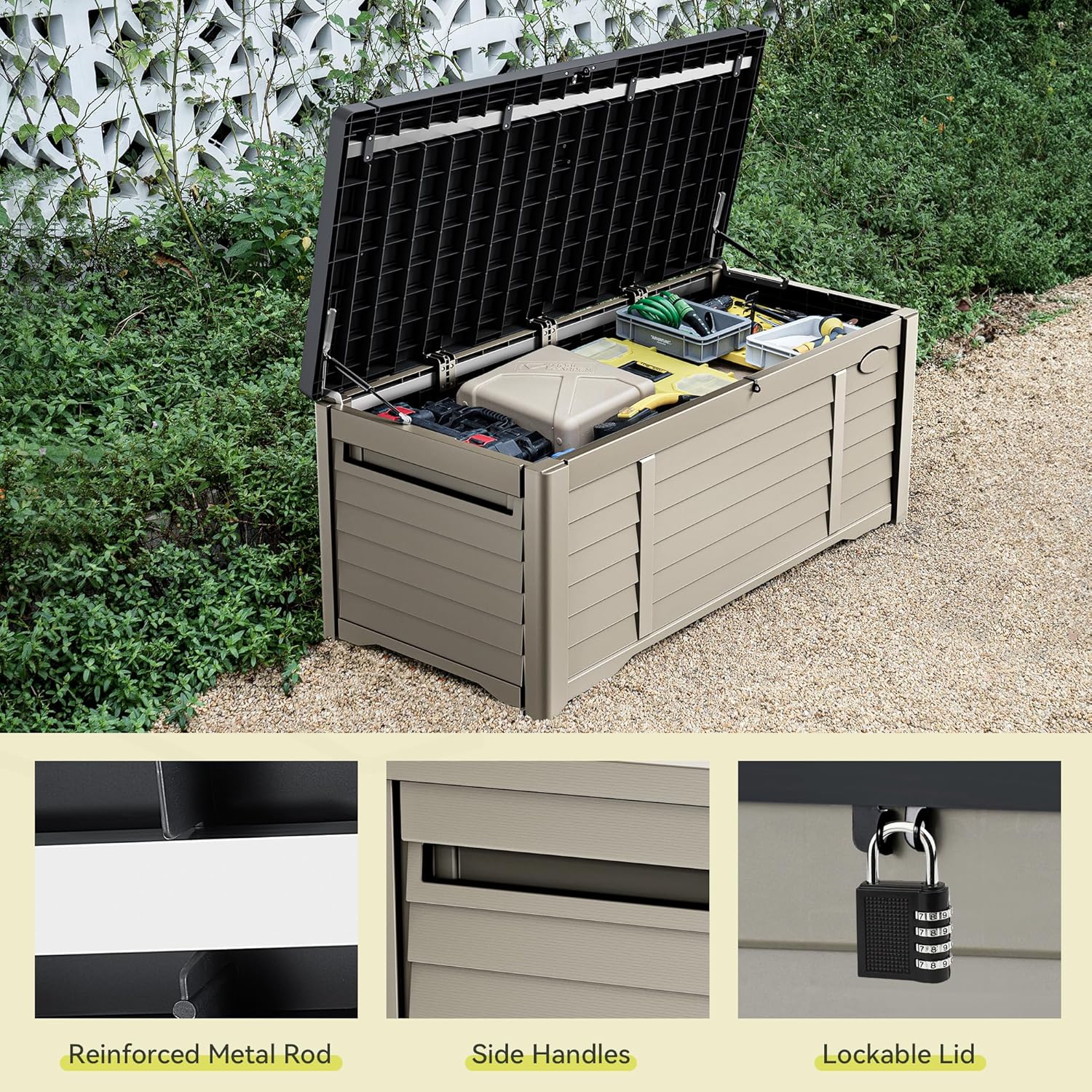 YITAHOME 120 Gallon Large Outdoor Storage Deck Box, Waterproof Cushion Storage Bench with Lockable Lid for Patio, Pool Supplies, Garden Tools, Resin, Black & Brown