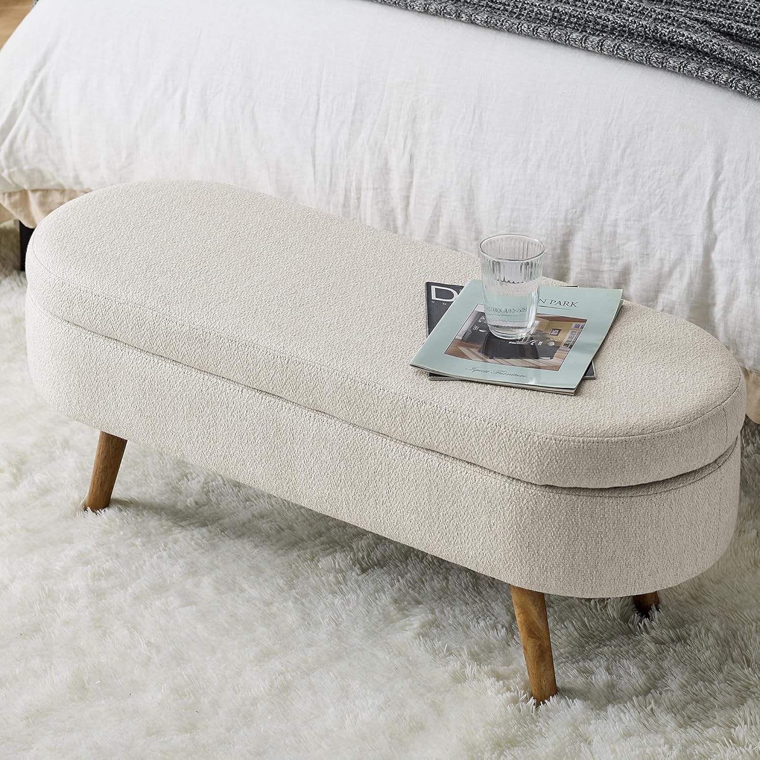 Furnimart Storage Bedroom Bench for End of Bed, Faux Linen Upholstered Storage Ottoman with Rolled Arms for Bedroom,Living Room, Entryway, 2.5Cubic Feet