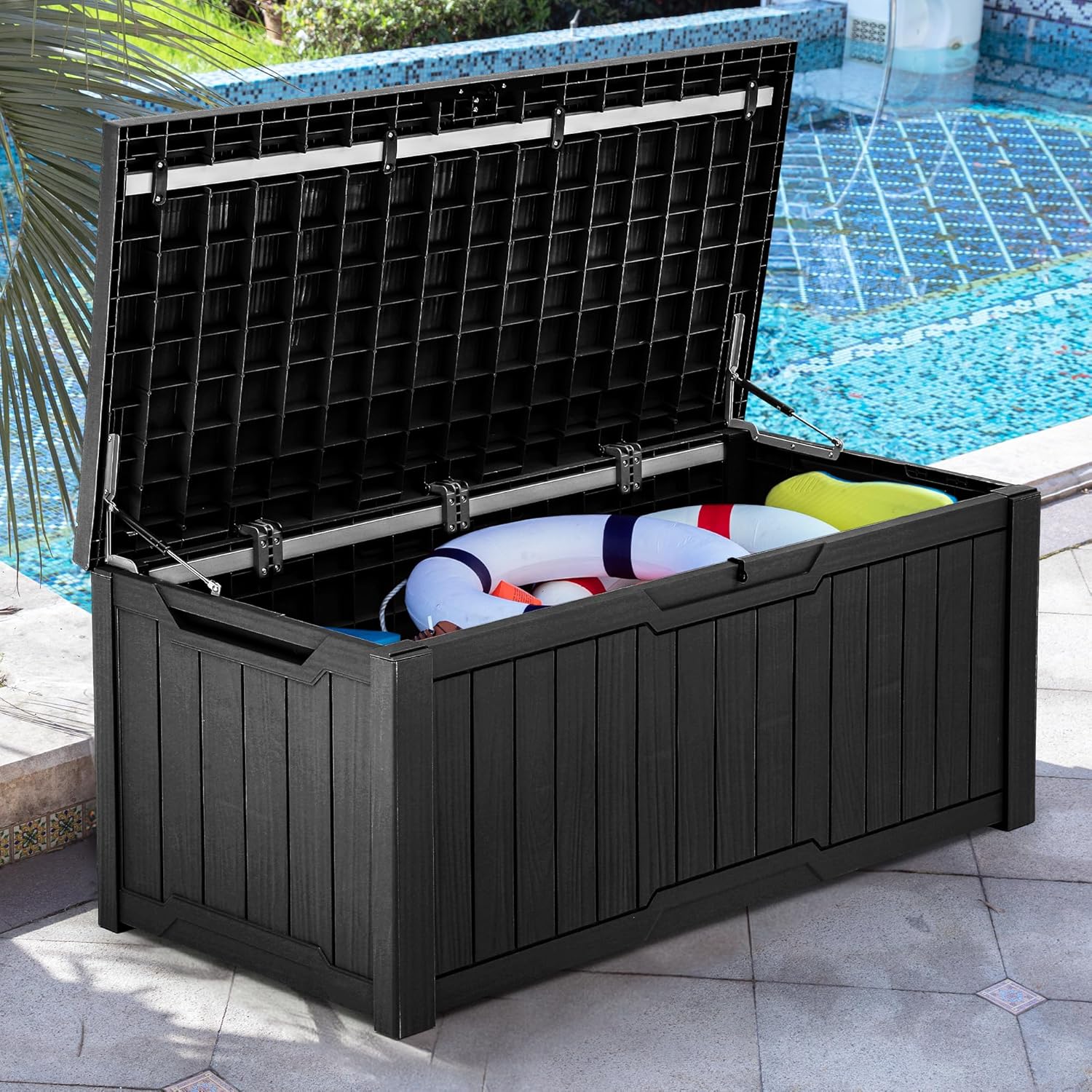 YITAHOME 120 Gallon Large Outdoor Storage Box with X-Shaped Front, Waterproof Resin Deck Box Cushion Storage Bench for Patio, Pool Supplies, Garden Tools - Lockable, Black