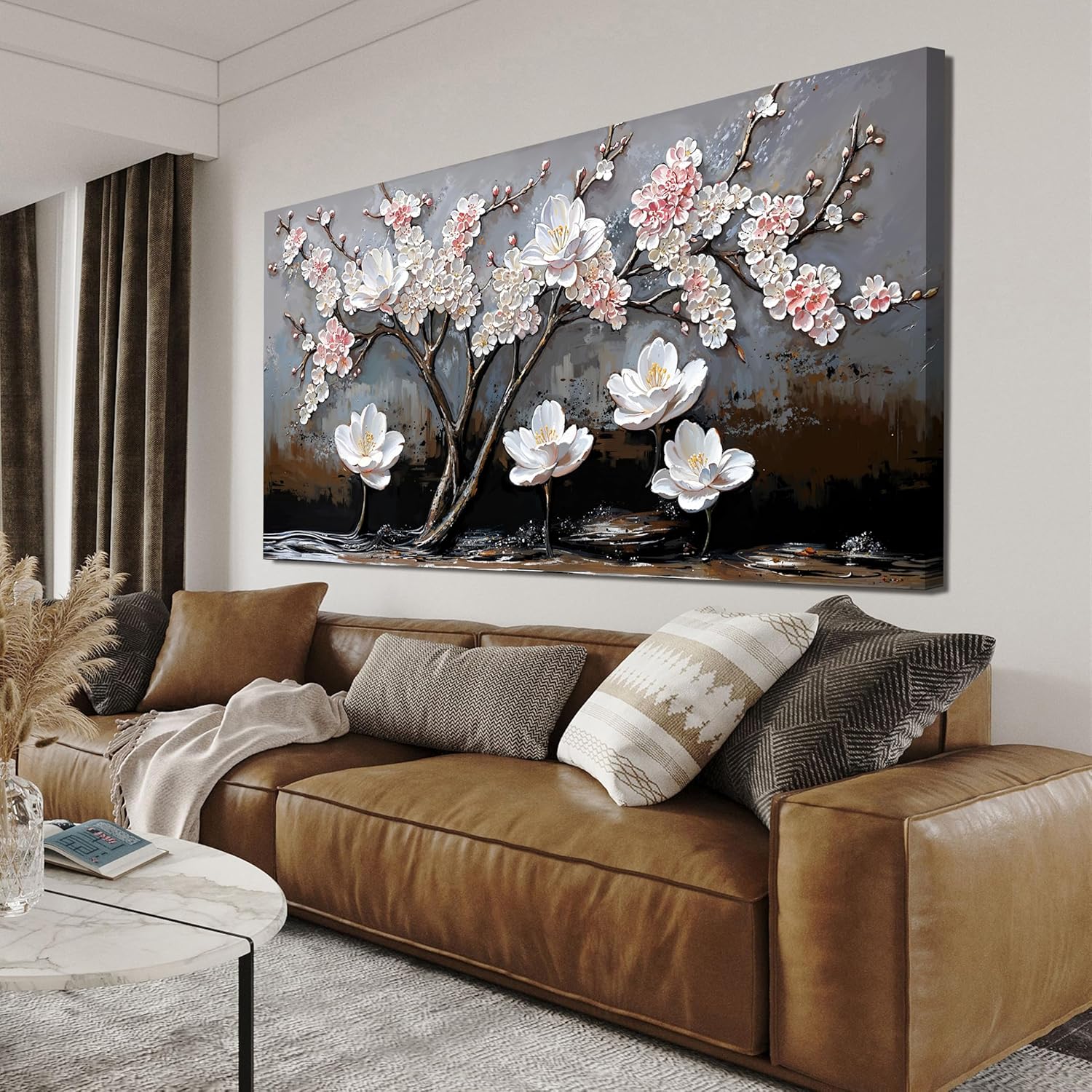 Canvas Wall Art Decor Wall Art Pictures for Living Room Vintage Floral Wall Art Decor White Gold Wall Art Prints Large Artwork for Walls Canvas Art Wall Decor for Bedroom Office Wall Decor 20" X 40"