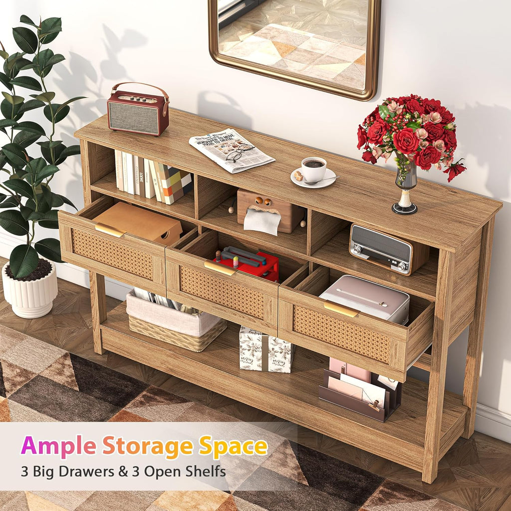 Rattan Console Table, Boho Entryway Table Sofa Table with Storage, Hallway Foyer Table Behind Couch Table, Wood Console Tables Open Storage Shelf for Living Room, Hallway, Brown