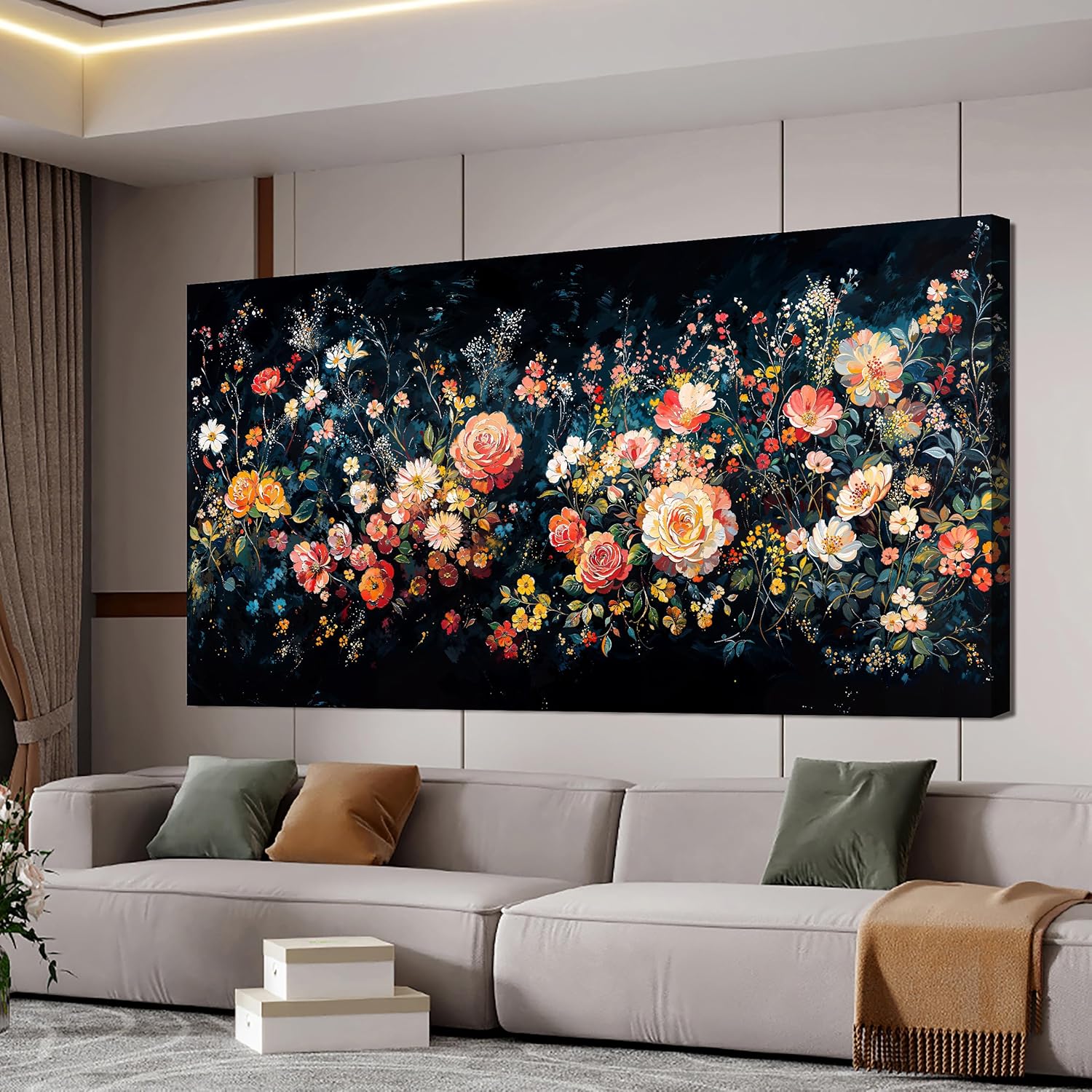 Canvas Wall Art Decor Wall Art Pictures for Living Room Vintage Floral Wall Art Decor White Gold Wall Art Prints Large Artwork for Walls Canvas Art Wall Decor for Bedroom Office Wall Decor 20" X 40"