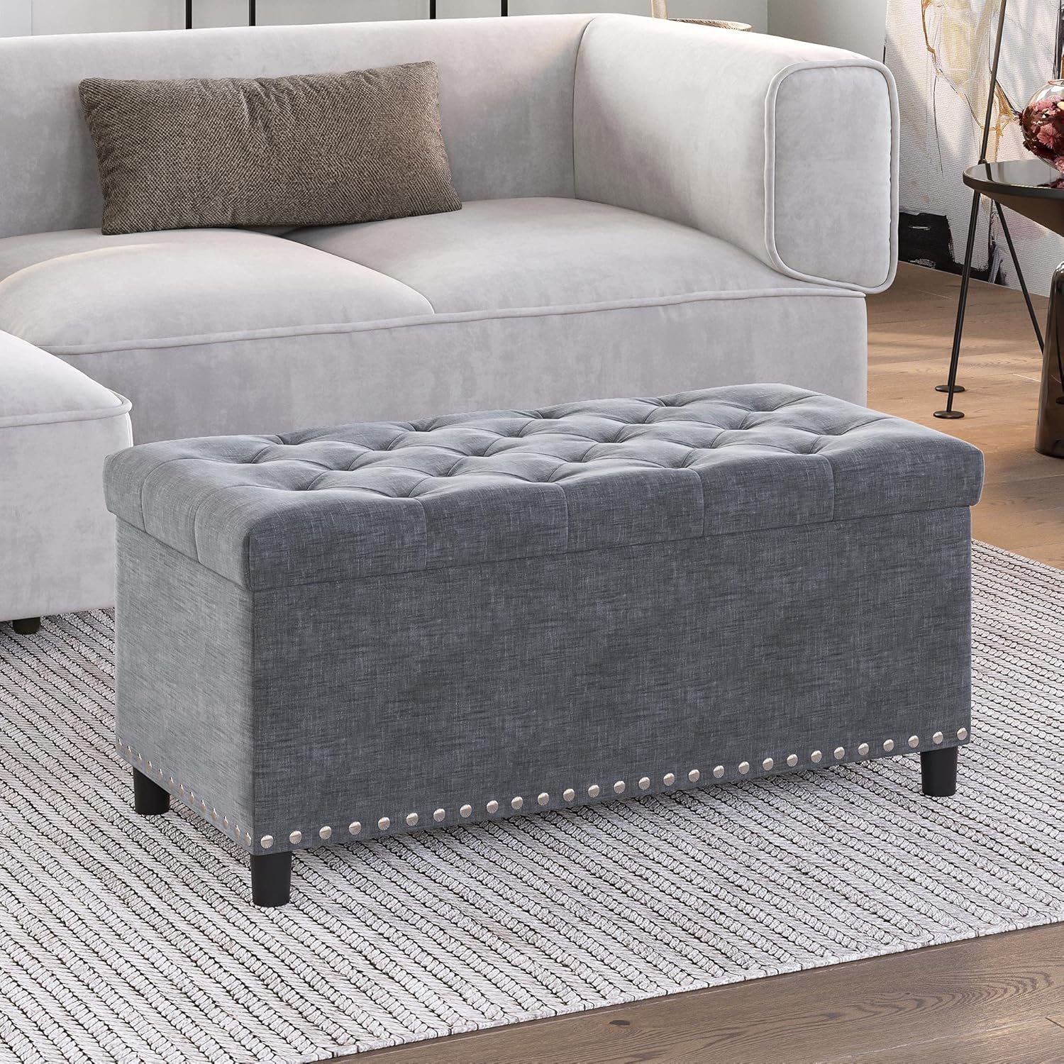 BELLEZE 47" Storage Ottoman, Storage Bench with Safety Close Hinge, Linen Button-Tufted Ottoman for Living Room, Entryway, Hallway, Foot Rest, Support 300lbs - Gray