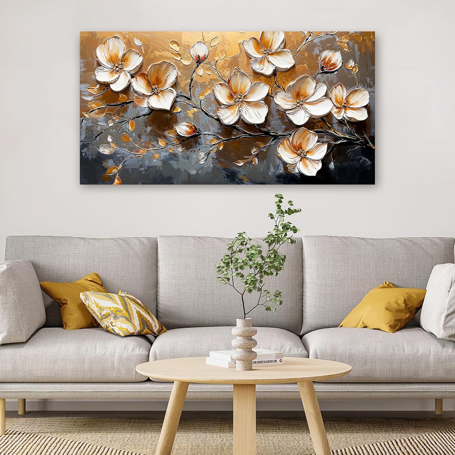 Canvas Wall Art Decor Wall Art Pictures for Living Room Vintage Floral Wall Art Decor White Gold Wall Art Prints Large Artwork for Walls Canvas Art Wall Decor for Bedroom Office Wall Decor 20" X 40"