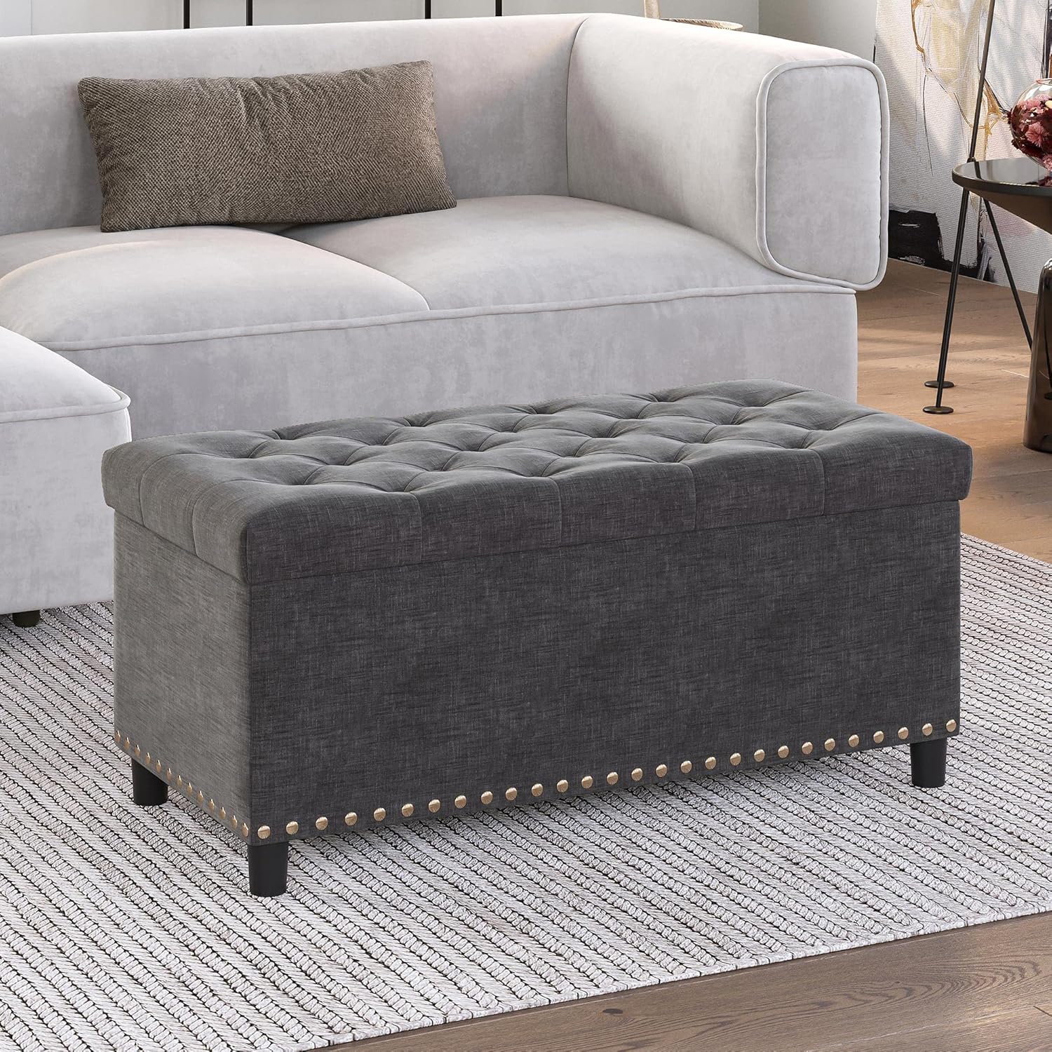 BELLEZE 47" Storage Ottoman, Storage Bench with Safety Close Hinge, Linen Button-Tufted Ottoman for Living Room, Entryway, Hallway, Foot Rest, Support 300lbs - Gray